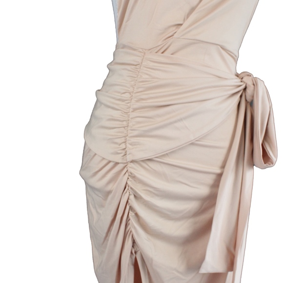 Nude Belted Backless Cami Ruched Asymmetric Dress - Picture 8 of 8